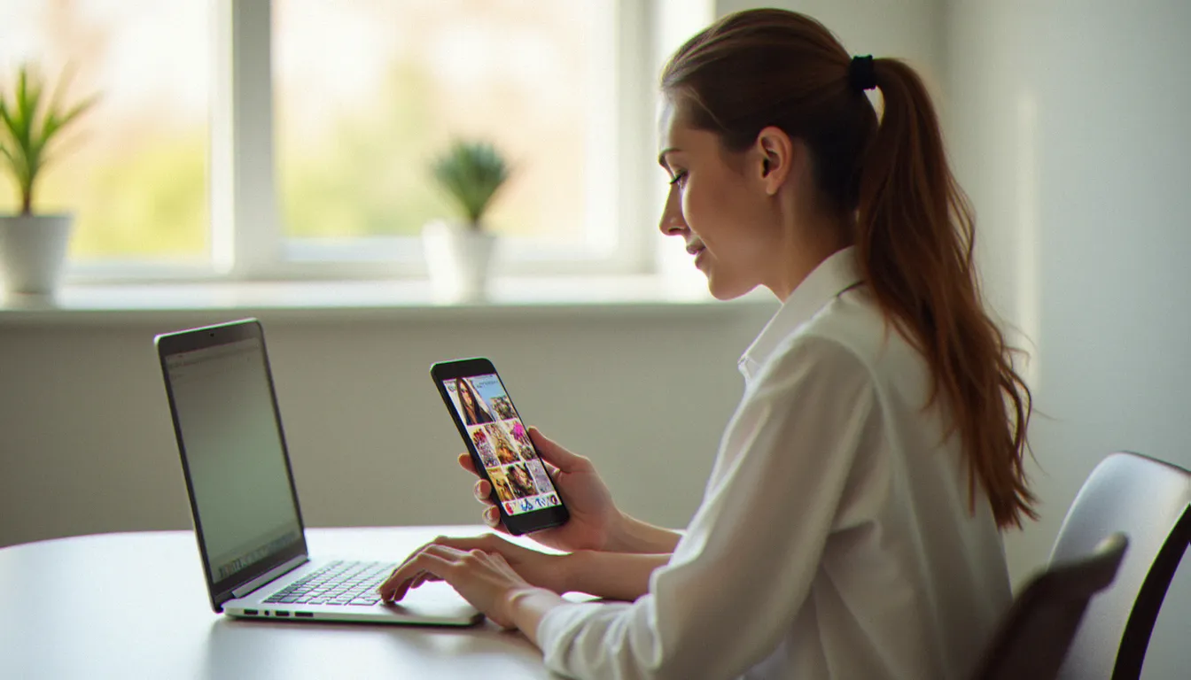Une femme consultant picuki ig sur son smartphone pour naviguer anonymement sur des profils Instagram depuis un bureau lumineux