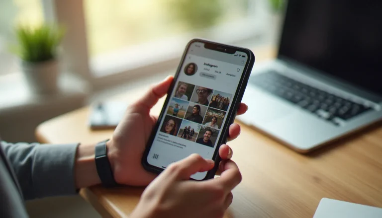 Mains tenant un smartphone affichant un profil Instagram, illustration de l'utilisation de picuki instagram pour consulter du contenu de façon anonyme
