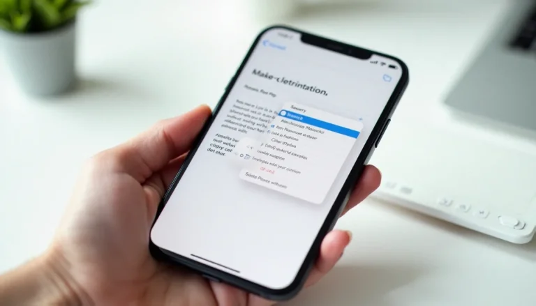 Main tenant un iPhone avec le menu contextuel du presse papier affiché à l'écran lors d'une sélection de texte