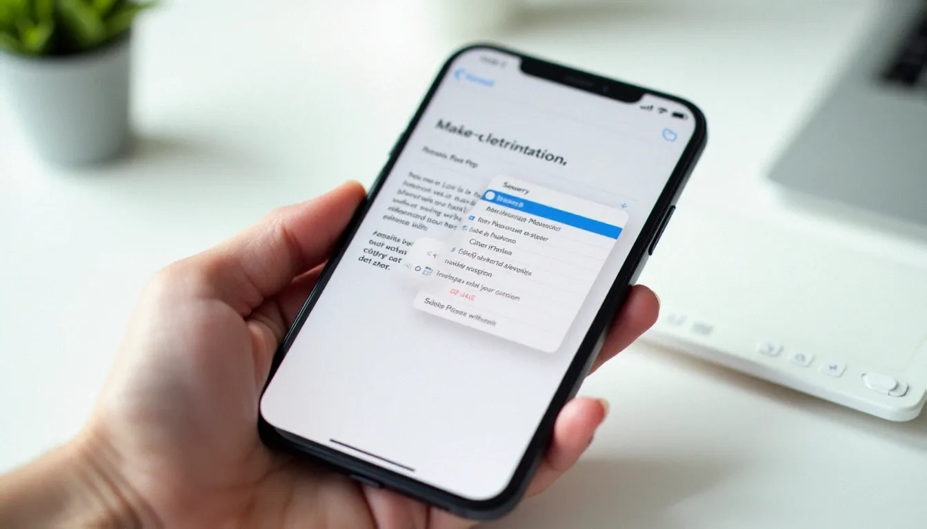 Main tenant un iPhone avec le menu contextuel du presse papier affiché à l'écran lors d'une sélection de texte