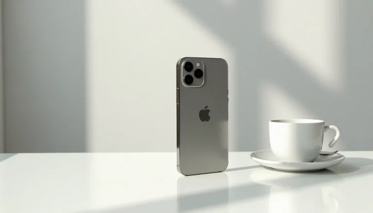 iPhone 17 en finition titane posé sur un bureau épuré, illustrant la date de sortie et le design de l'iPhone 17