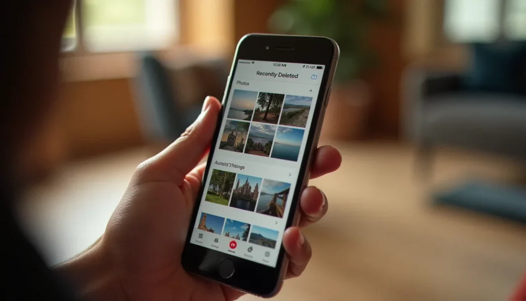 Mains tenant un iPhone ouvert sur l'album Récemment supprimées de l'application Photos pour récupérer des photos supprimées sur iPhone