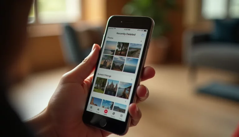 Mains tenant un iPhone ouvert sur l'album Récemment supprimées de l'application Photos pour récupérer des photos supprimées sur iPhone
