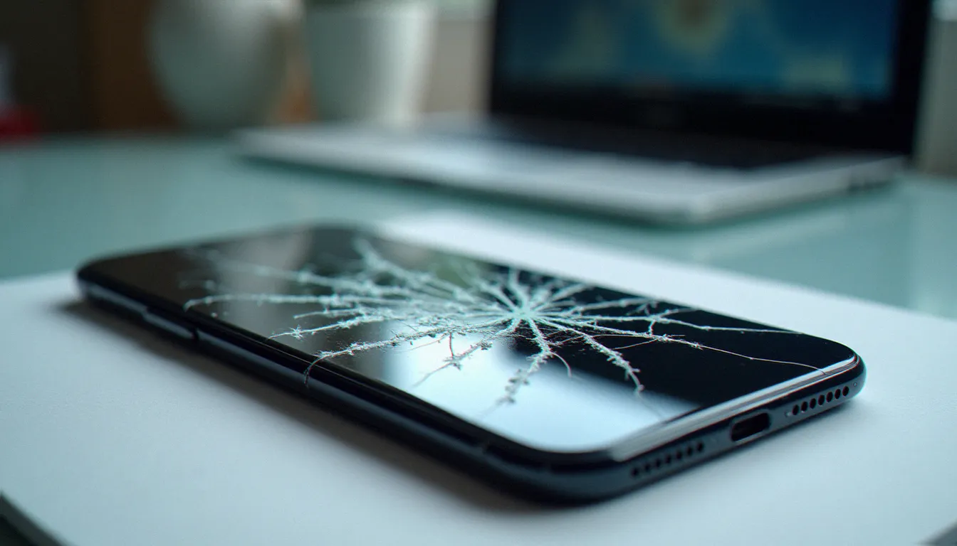 Gros plan macro d'un écran iPhone OLED gravement fissuré avec des infiltrations noires sous la vitre, symptôme d'urgence nécessitant une réparation d'écran iPhone immédiate