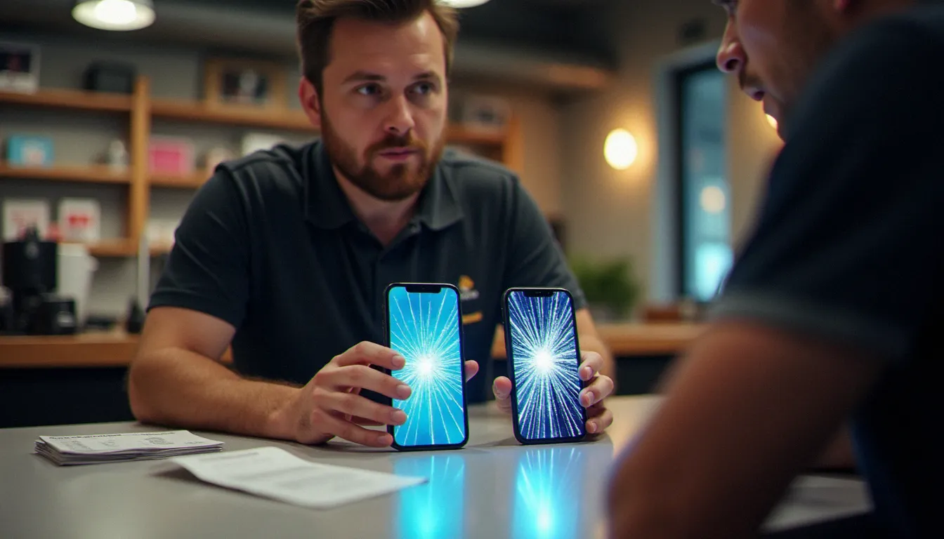 Technicien en atelier présentant à un client les options de remplacement d'écran iPhone, comparant une dalle d'origine Apple et l'ancien écran endommagé avec les tarifs correspondants