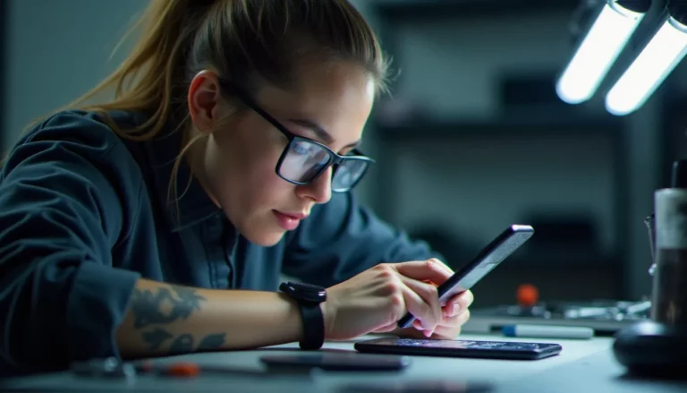 Technicienne mobile examinant un écran iPhone fissuré sur un établi professionnel équipé, illustrant une réparation écran iPhone en atelier spécialisé