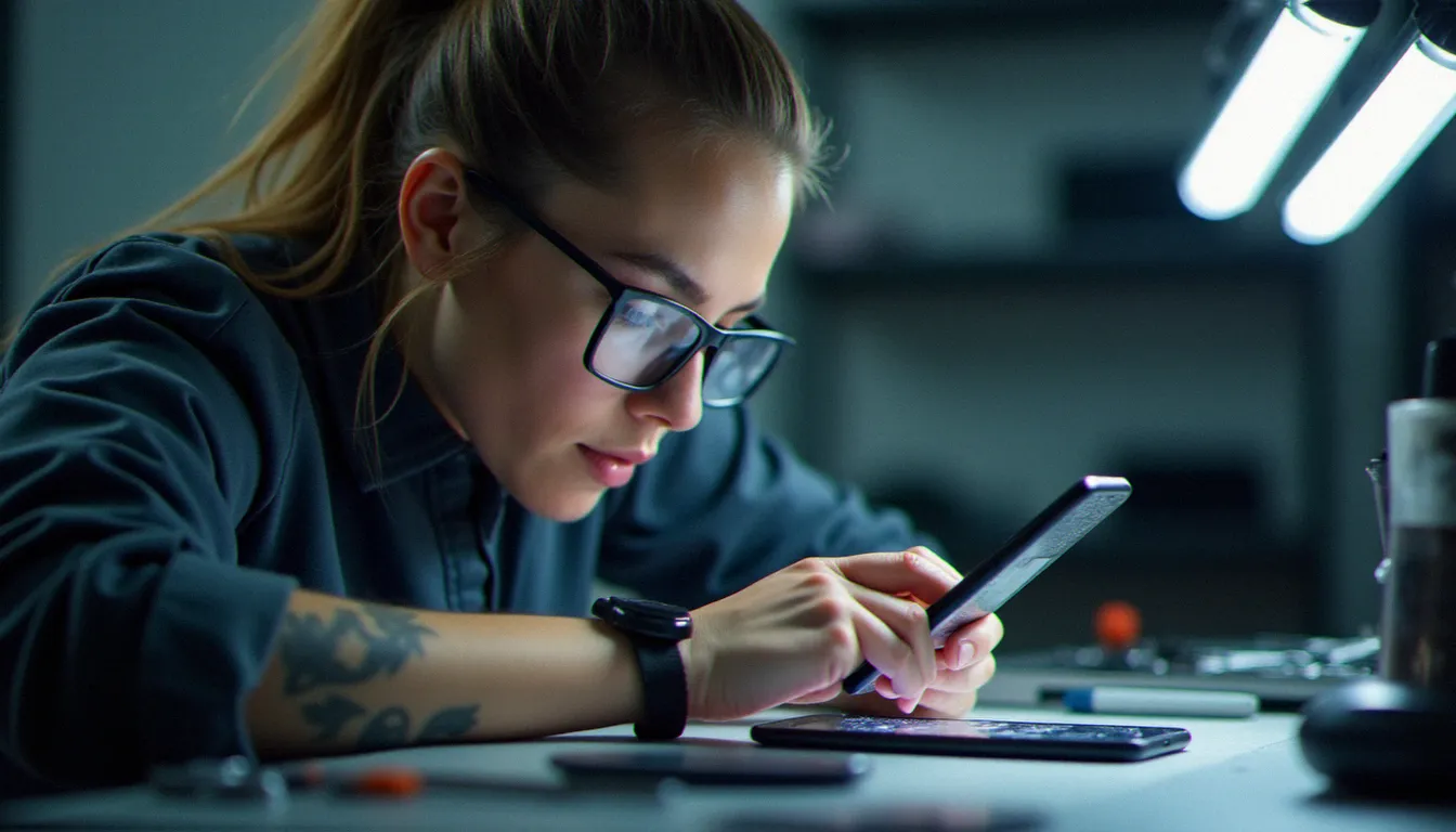 Technicienne mobile examinant un écran iPhone fissuré sur un établi professionnel équipé, illustrant une réparation écran iPhone en atelier spécialisé