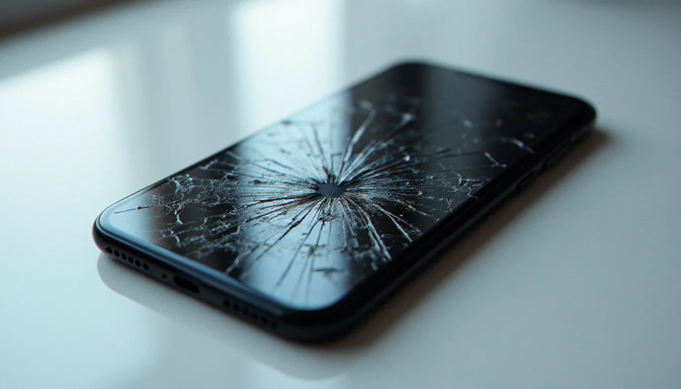 Écran d'iPhone fissuré présentant des taches noires caractéristiques d'un panneau OLED endommagé nécessitant une réparation urgente