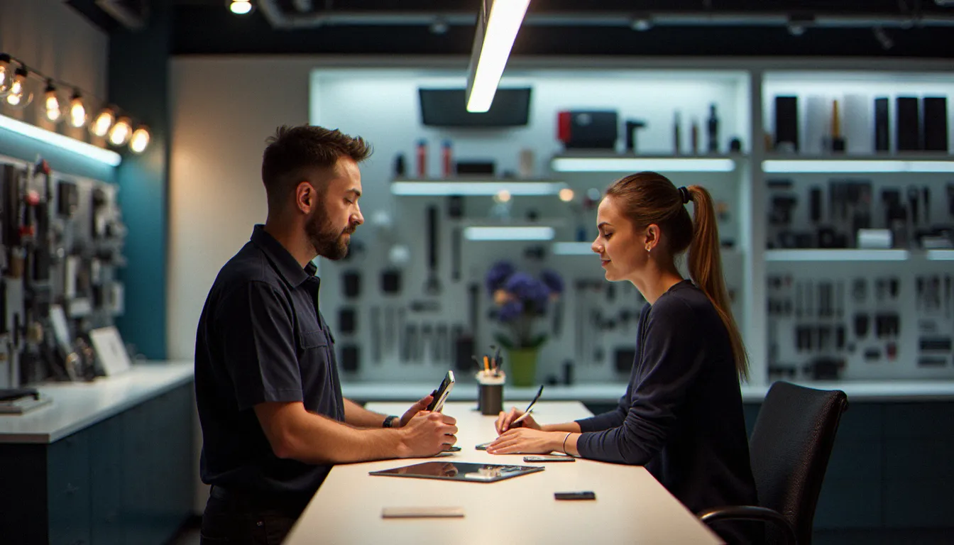 Réparateur certifié QualiRépar présentant un devis de réparation d'écran d'iPhone à une cliente dans un atelier mobile professionnel