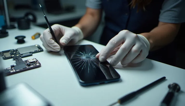 Technicienne en train de réparer l'écran d'un iPhone sur un établi de réparation mobile professionnel avec des outils de précision