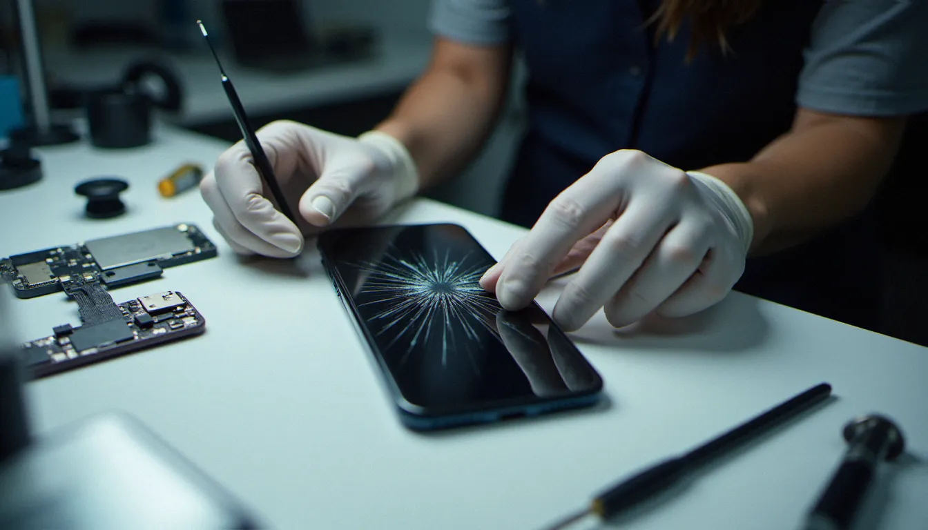 Technicienne en train de réparer l'écran d'un iPhone sur un établi de réparation mobile professionnel avec des outils de précision