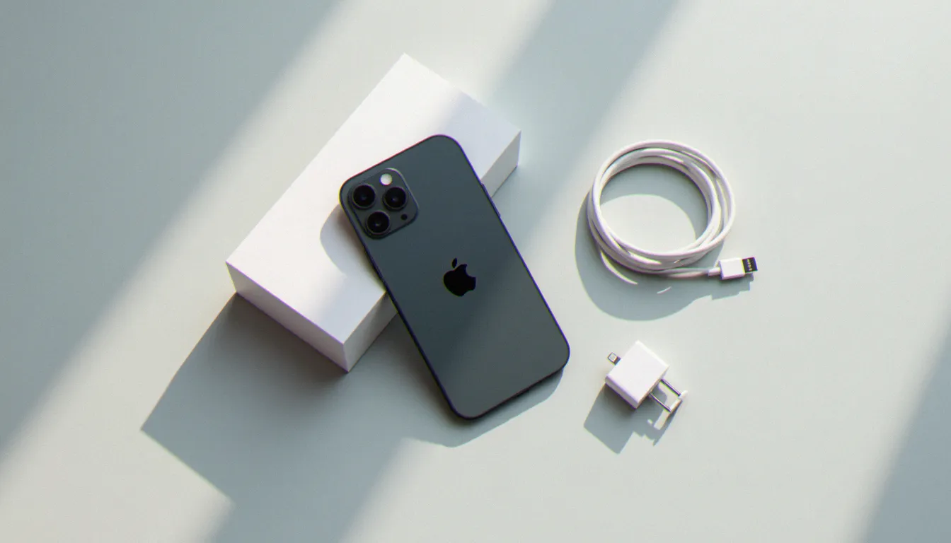Présentation soignée d'un iPhone avec sa boîte et ses accessoires d'origine Apple sur fond gris, pour illustrer une annonce de revente attractive et complète