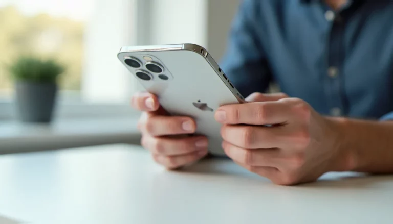Une personne inspecte attentivement son iPhone avant de le revendre, téléphone tenu à deux mains sur un bureau blanc lumineux