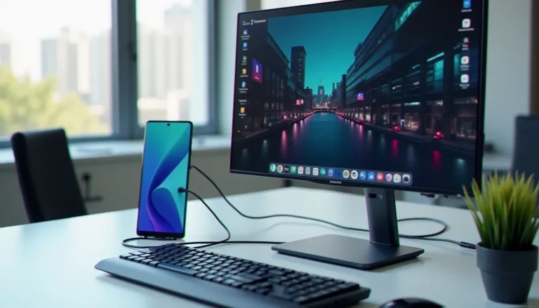 Smartphone Samsung Galaxy connecté en mode Samsung DeX à un moniteur avec interface bureau et plusieurs fenêtres ouvertes sur un bureau moderne