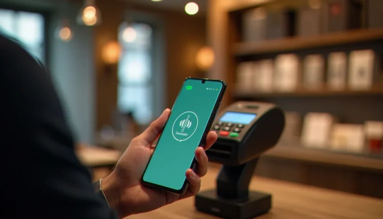 Main tenant un smartphone Samsung Galaxy devant un terminal de paiement sans contact lors d'un achat en magasin avec Samsung Pay