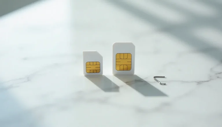 Comparaison entre une carte SIM standard et une nano SIM posées sur une surface blanche avec un outil de découpe SIM cutter, illustrant le processus de conversion sim en nano sim