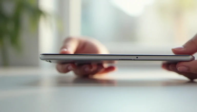 Smartphone haut de gamme ultra-fin tenu en main sur fond épuré, illustrant le design innovant de la gamme sortie iPhone 17