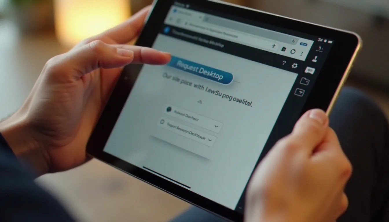 Mains activant le mode affichage bureau dans Safari sur un iPad pour accéder à WhatsApp Web