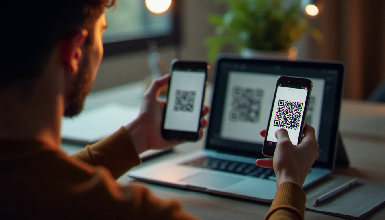 Une personne scannant le QR code affiché sur un iPad avec un iPhone pour connecter WhatsApp en mode multi-appareils