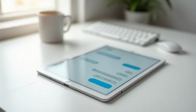 Un iPad Pro affichant une interface de messagerie WhatsApp Web sur un bureau blanc épuré, illustrant l'utilisation de WhatsApp sur iPad