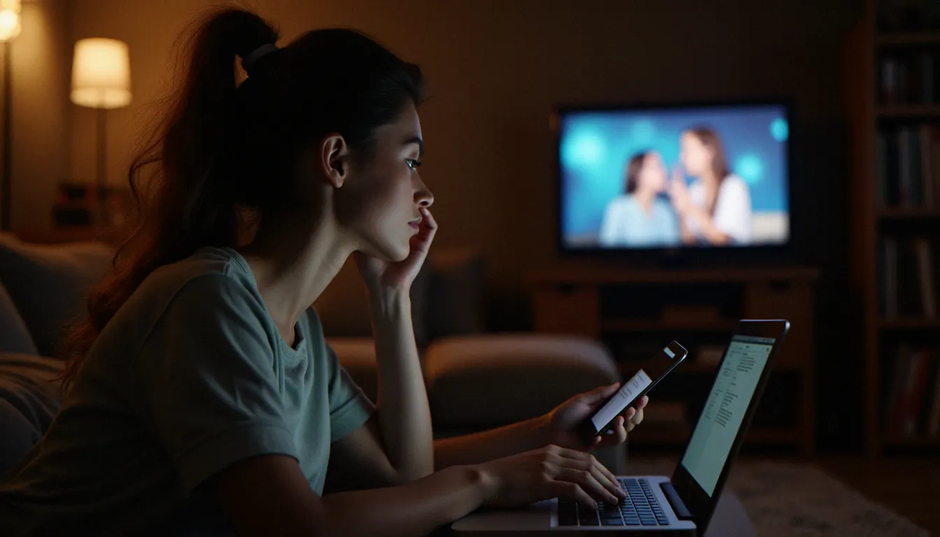 Jeune femme en 2007 regardant la télévision sur ordinateur portable pendant que son téléphone mobile affiche des notifications SMS, illustrant les débuts de la convergence numérique