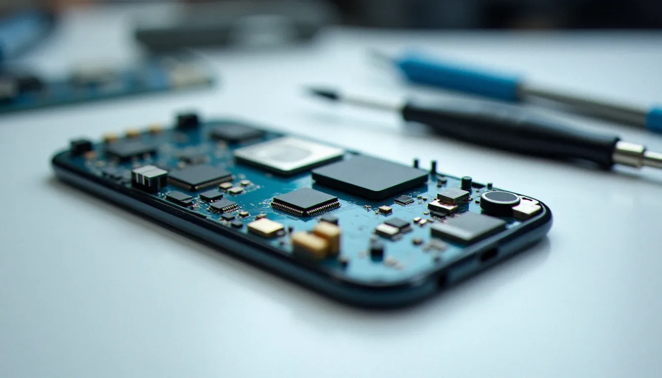 Carte mère de smartphone démontée en atelier révélant le modem baseband et les connecteurs d'antennes composant un système téléphonique mobile avancé