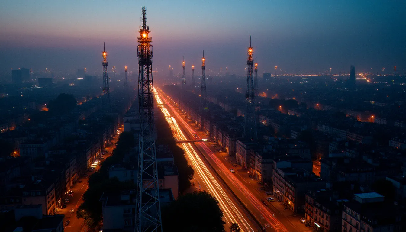 Vue aérienne d'une ville française au crépuscule avec l'infrastructure d'antennes 5G illuminée représentant le déploiement territorial de l'advanced mobile phone system en milieu urbain dense