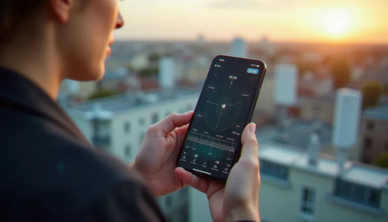 Technicienne analysant un advanced mobile phone system sur smartphone 5G avec des antennes relais visibles en arrière-plan dans un environnement urbain français