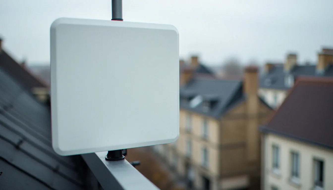 Antenne-relais 4G fixée sur le toit d'un immeuble urbain, avec les secteurs directionnels orientés vers différentes zones de la ville