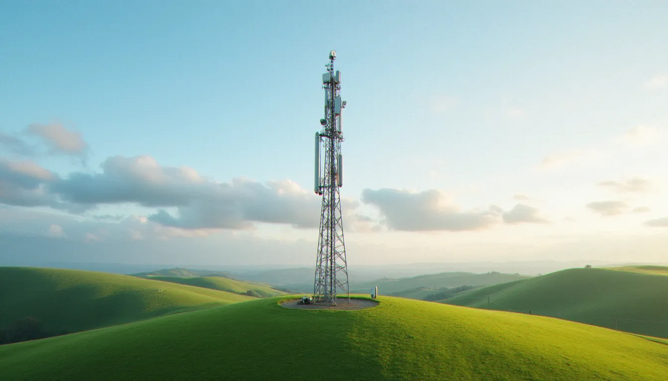Antenne-relais de téléphonie mobile installée sur un pylône métallique en zone rurale française, avec plusieurs secteurs directionnels visibles