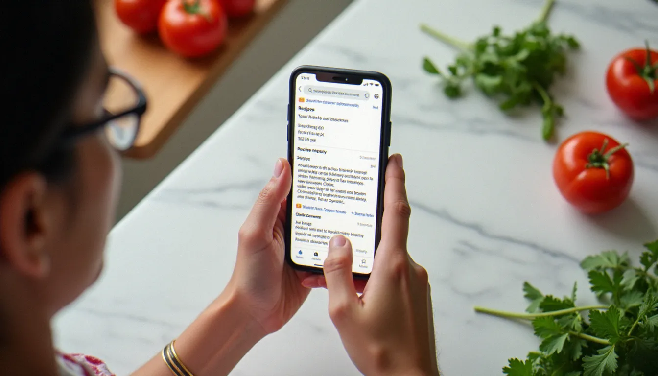 Vue plongeante sur un smartphone affichant les résultats de recherche d'une application mobile recettes cuisine posé sur un plan de travail en marbre avec des ingrédients autour