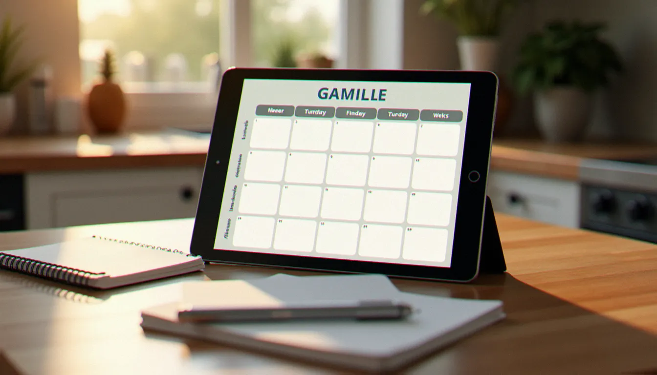 Tablette affichant un planning de repas hebdomadaire sur un plan de travail de cuisine, avec un carnet de liste de courses à côté, lumière matinale chaleureuse