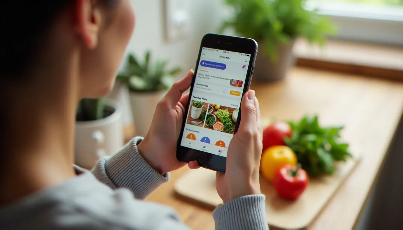 Une femme consulte une application mobile recettes cuisine sur son smartphone dans une cuisine lumineuse avec des légumes frais sur le plan de travail