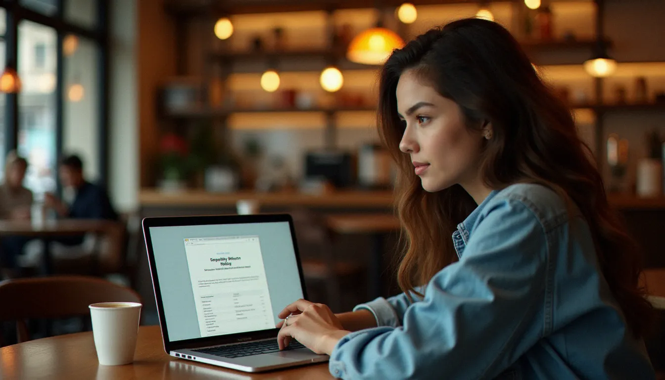 Femme comparant des offres de forfaits mobiles sur un ordinateur portable dans un café, illustrant le choix d'un abonnement MVNO