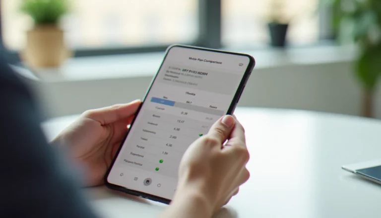 Personne consultant un avis Mobile Club sur un smartphone posé sur un bureau blanc, lumière naturelle