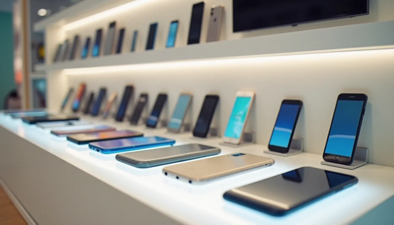 Présentation organisée de plusieurs modèles de smartphones déstockés dans une boutique spécialisée, illustrant la diversité des offres mobile destock disponibles sur le marché