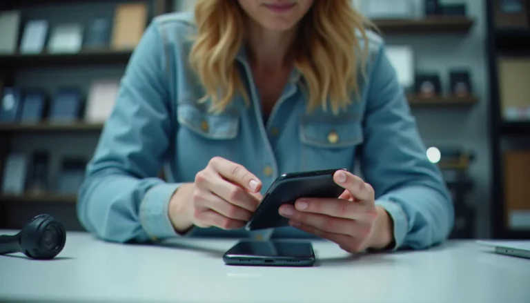 Technicienne mobile inspectant minutieusement un smartphone déstocké sur un établi professionnel, illustrant l'expertise requise pour évaluer les avis mobile destock