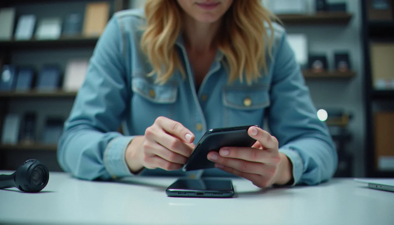 Technicienne mobile inspectant minutieusement un smartphone déstocké sur un établi professionnel, illustrant l'expertise requise pour évaluer les avis mobile destock