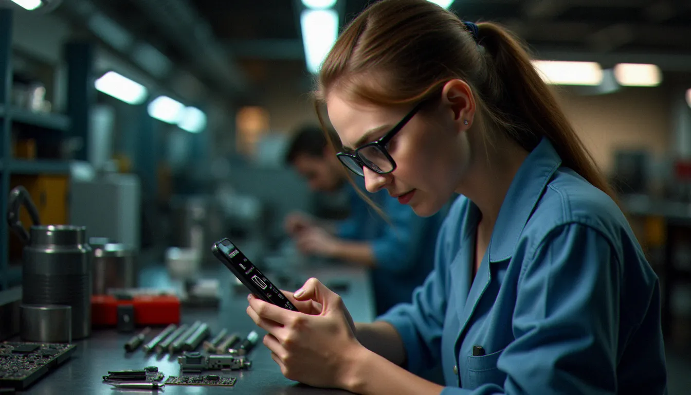 Technicienne analysant la couverture réseau 5G d'un smartphone dans un atelier de réparation mobile professionnel