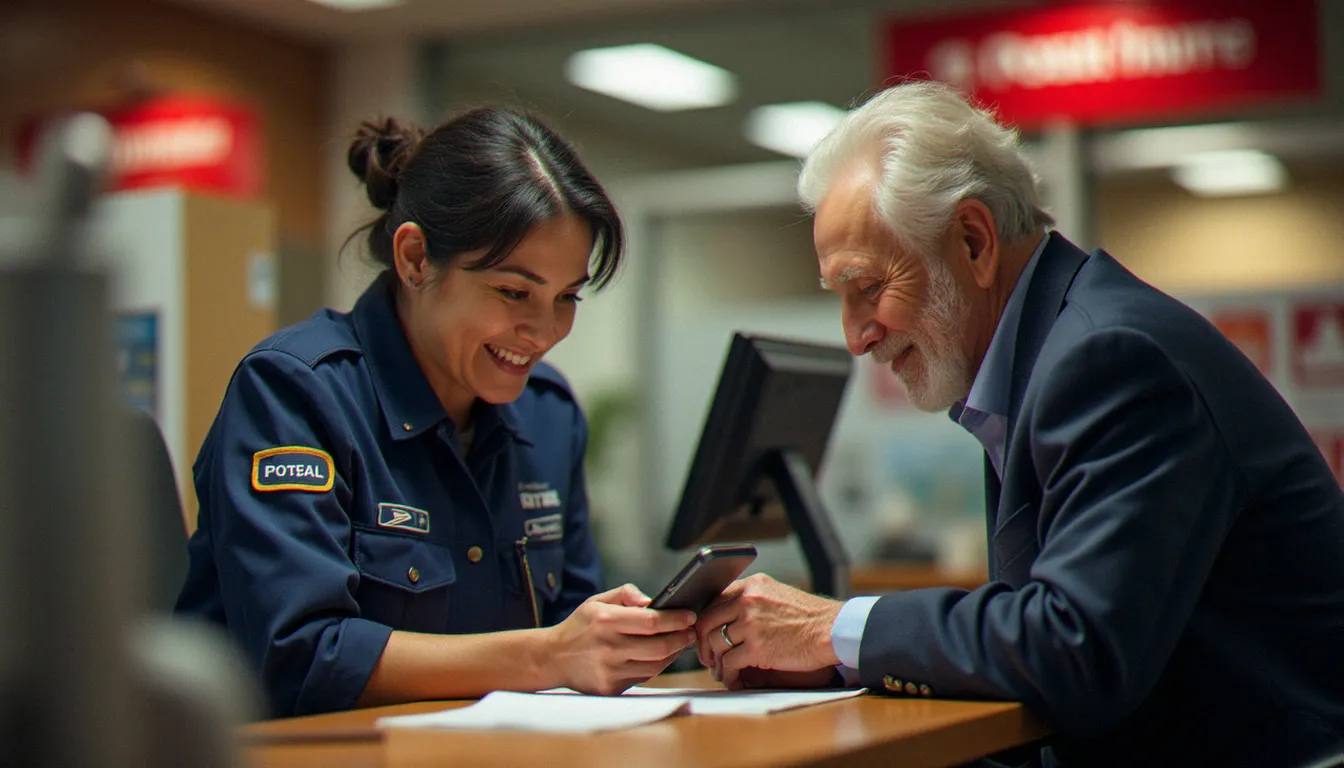 Un conseiller La Poste accompagnant un client senior pour la configuration de son forfait Mobile La Poste en bureau de poste