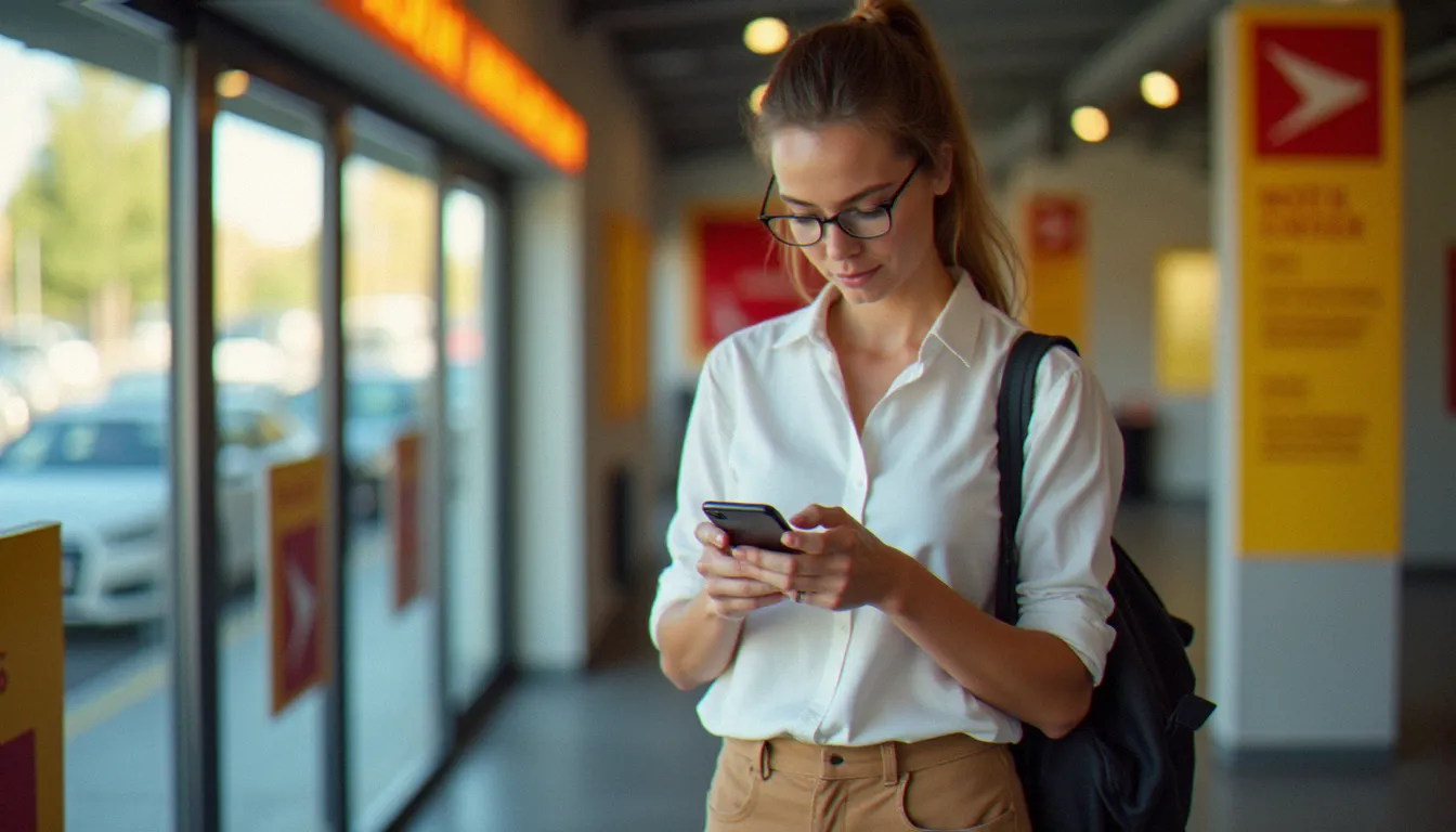 Une femme consultant son smartphone dans un bureau de poste moderne pour gérer son avis mobile la poste et choisir un forfait adapté