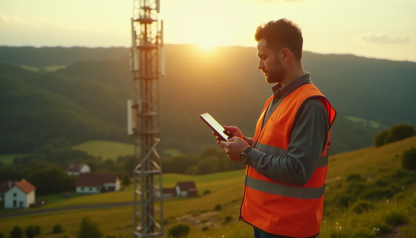 Technicien réseau inspectant une antenne 5G en zone rurale française, illustrant la couverture réseau de l'opérateur Orange sur le territoire