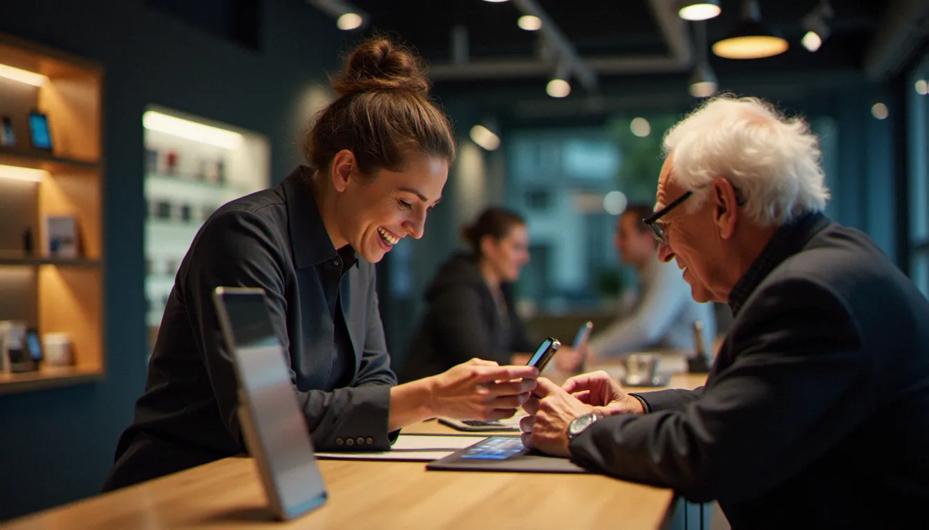 Conseiller en boutique Orange aidant un client senior avec son téléphone mobile, illustrant le service client de l'opérateur