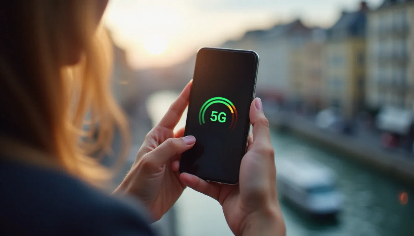 Personne tenant un smartphone affichant la couverture réseau mobile Orange avec signal 5G en ville, illustrant un avis mobile orange
