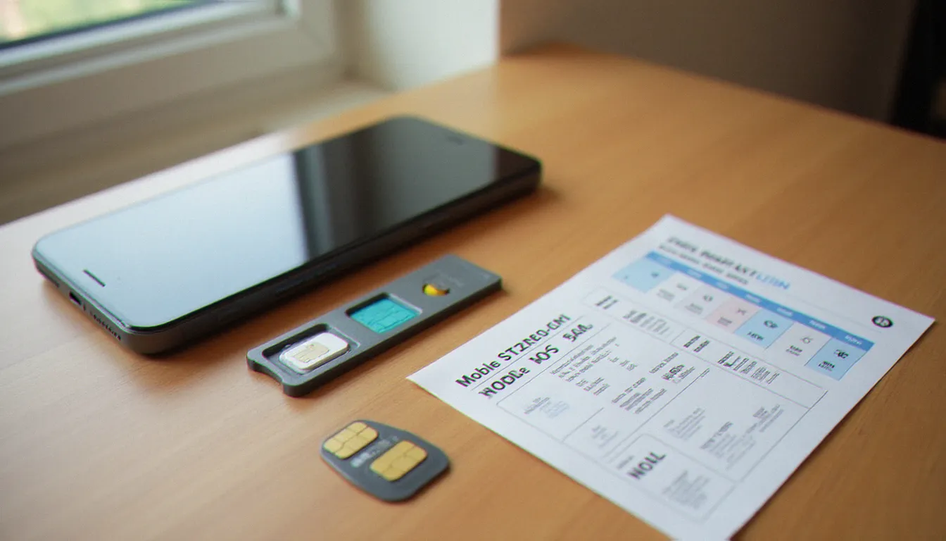 Vue de dessus d'un bureau avec smartphone, carte SIM et comparatif de forfaits mobiles, représentant le choix d'un forfait Sosh en 2026