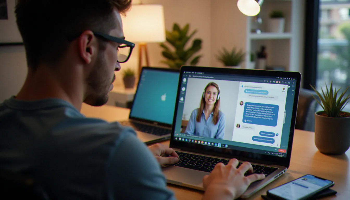 Personne consultant le service client en ligne depuis un ordinateur portable, avec un smartphone posé à côté, illustrant l'expérience du support client Sosh