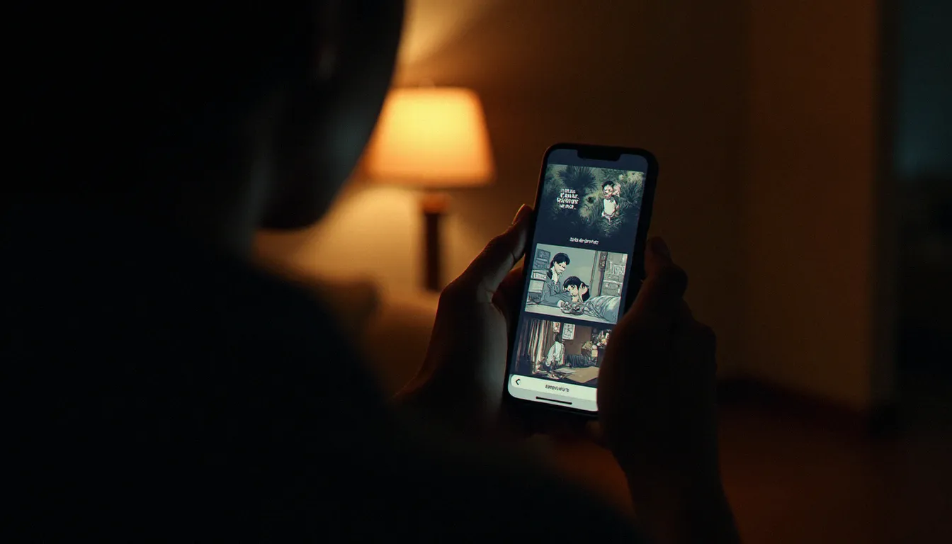 Vue en plongée d'une personne parcourant un webtoon en scroll vertical sur son téléphone mobile dans une ambiance tamisée