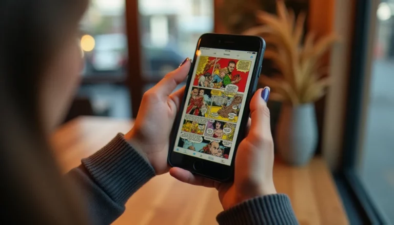 Une femme lit une bande dessinée sur son téléphone mobile dans un café, l'écran affichant une planche colorée en plein écran