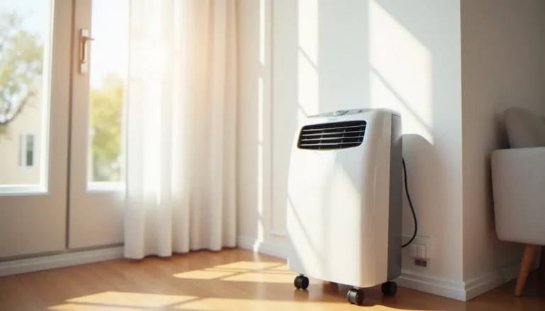 Climatiseur mobile blanc installé dans un salon moderne avec conduit d'évacuation connecté à la fenêtre, illustrant la question de l'efficacité d'une clim mobile