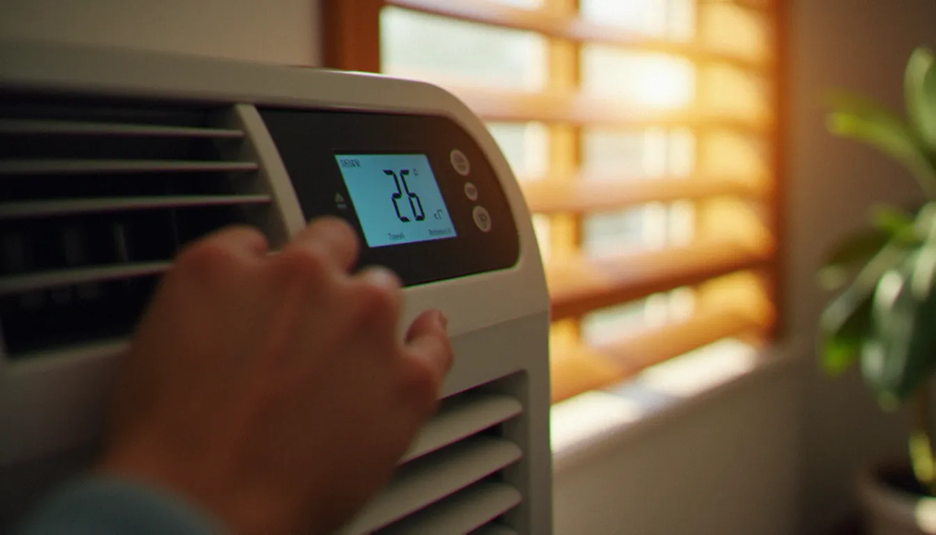 Main réglant le panneau de contrôle numérique d'un climatiseur mobile à 26 degrés Celsius dans un bureau à domicile, illustrant l'optimisation du coefficient de performance et des économies d'énergie